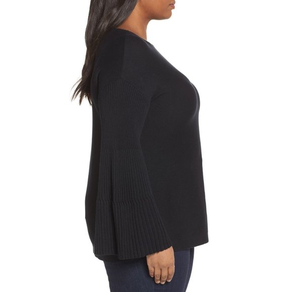 NWT Womens Plus Size 1X Vince Camuto Black Ribbed Bell Sleeve Pullover Sweater - Picture 2 of 6